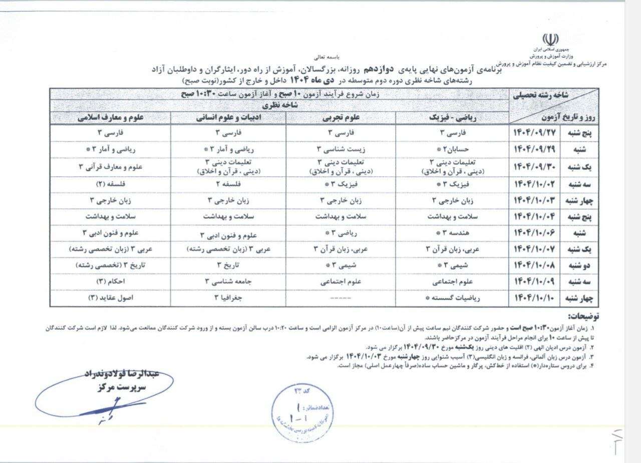 برنامه امتحانات نهایی دوازدهمیها اعلام شد برنامه امتحانات نهایی دوازدهمیها اعلام شد