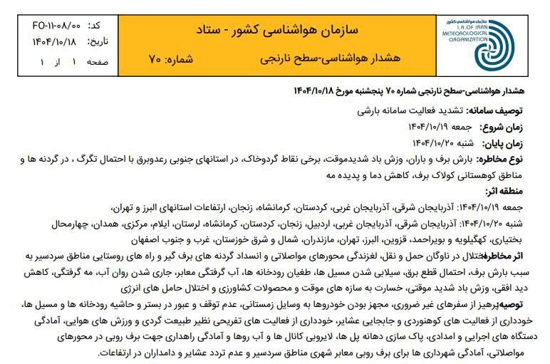 هشدار نارنجی فعالیت سامانه بارشی