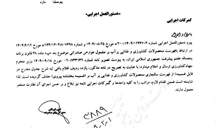 ابلاغ دستورالعمل اجرایی گمرک برای صادرات محصولات کشاورزی آب‌بر
