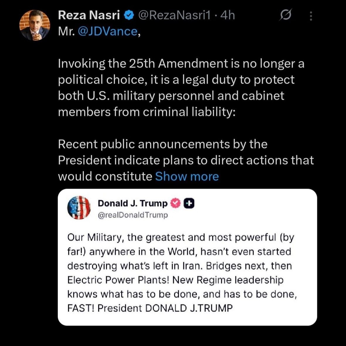 پیام یک حقوقدان به معاون ترامپ درمورد جنایات جنگی و لزوم برکناری ترامپ