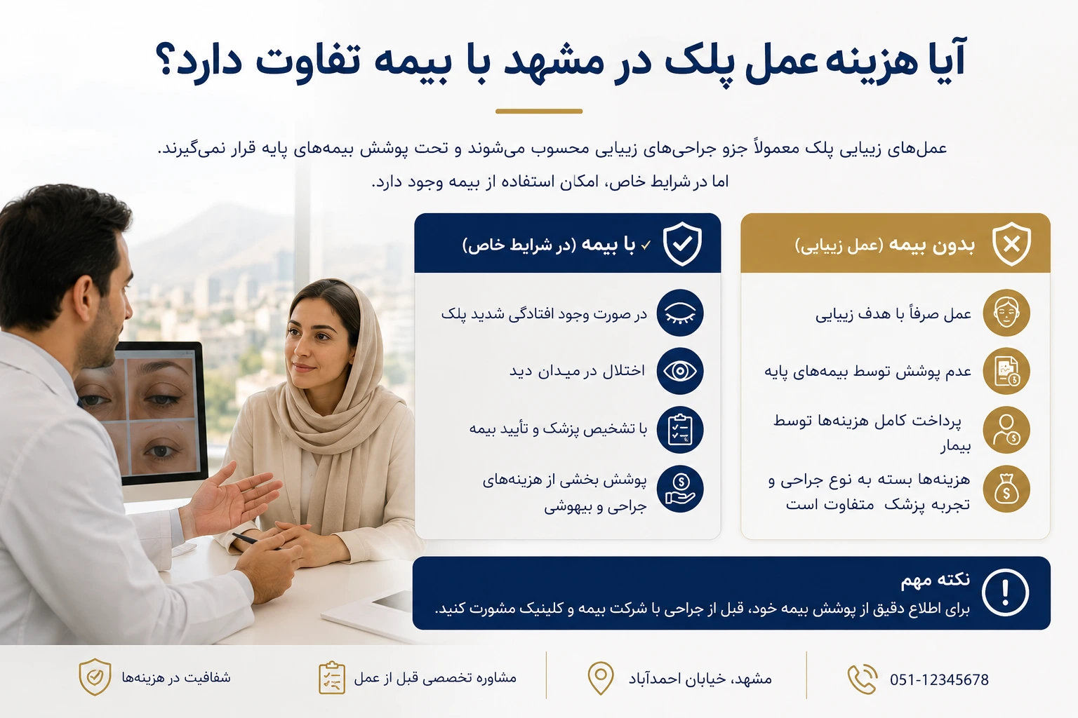 هزینه جراحی افتادگی پلک با بیمه تکمیلی در مشهد آیا هزینه عمل پلک در مشهد با بیمه تفاوت دارد؟